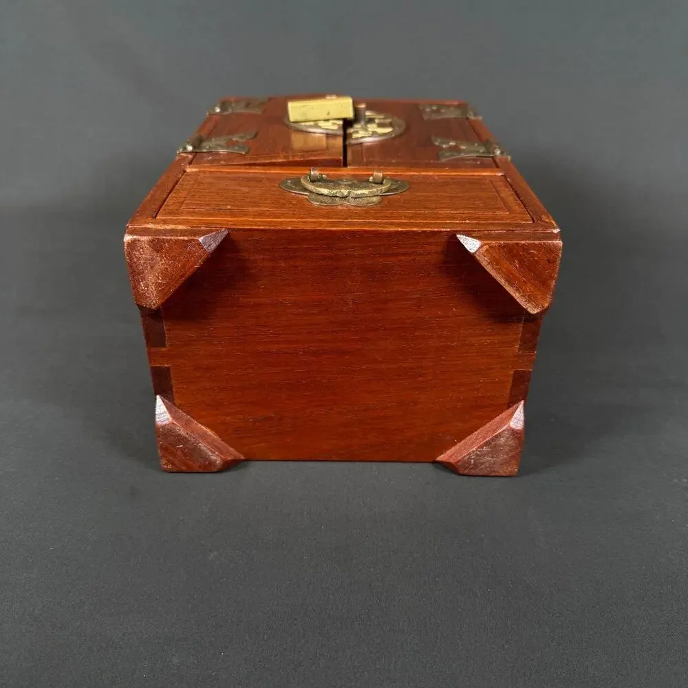 Vintage Chinese Dressing Case Jewelry Box Wood Brass Lined 4 Drawer